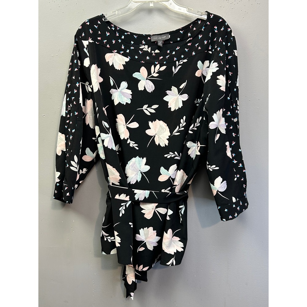 The Limited Blouse Women 2X Black Floral Tie Waist 3/4 Split Sleeve Boat Neck